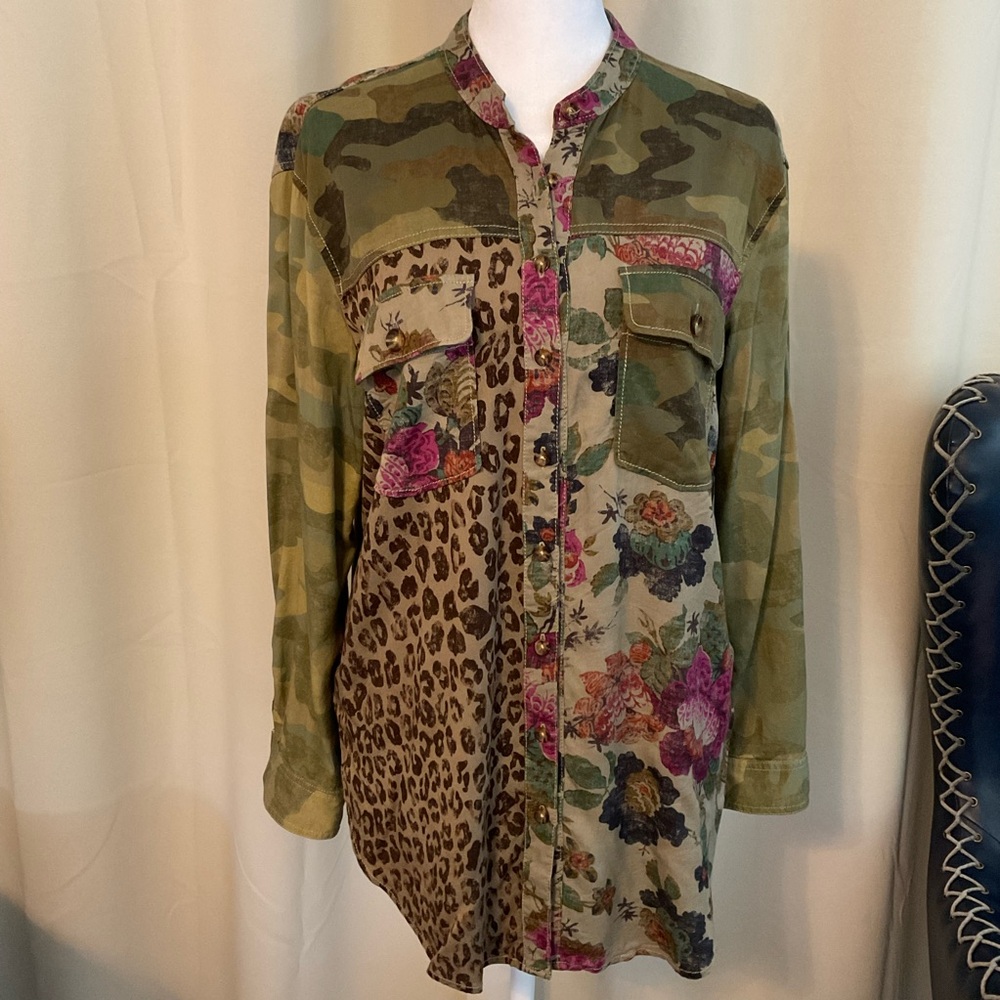 Pilcro Green and Tan Tunic Blouse with Patchwork Design from Anthropologie